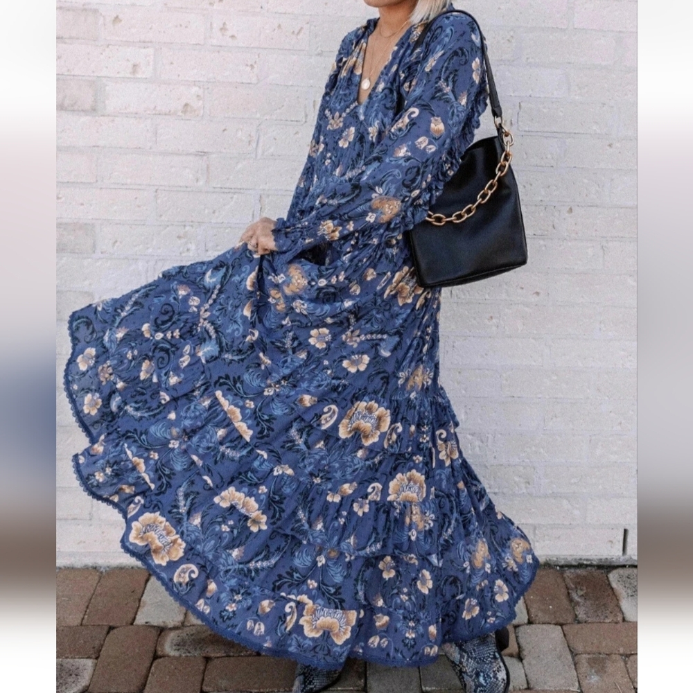 Spell & Gypsy Free People Aurora Blue Maxi Dress EUC Medium
